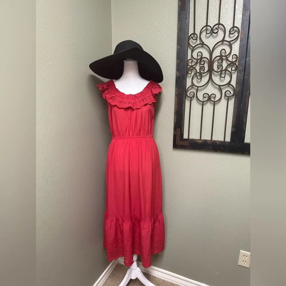 Coach sleeveless crimson eyelet ruffle elastic waist with pockets midi dress